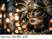 The Venetian Carnival. Close-up of a woman in an ornate carnival mask. Bright colors convey an atmosphere of celebration and luxury. Стоковое AI-изображение, AI-художник Photojuli / Фотобанк Лори
