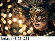 The Venetian Carnival. Close-up of a woman in an ornate carnival mask. Bright colors convey an atmosphere of celebration and luxury. Стоковое AI-изображение, AI-художник Photojuli / Фотобанк Лори