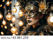 The Venetian Carnival. Close-up of a woman in an ornate carnival mask. Bright colors convey an atmosphere of celebration and luxury. Стоковое AI-изображение, AI-художник Photojuli / Фотобанк Лори