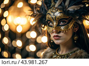 The Venetian Carnival. Close-up of a woman in an ornate carnival mask. Bright colors convey an atmosphere of celebration and luxury. Стоковое AI-изображение, AI-художник Photojuli / Фотобанк Лори