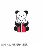 Cute Panda with closed eyes unpacks a gift for New year, birthday, Christmas or other holiday. Funny new year sticker 2021. Vector illustrations are humorous illustrations. Drawing for children. Стоковая иллюстрация, иллюстратор Полина Екимова / Фотобанк Лори