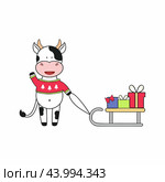A bull in a sweater and a sled with gifts on it. Symbol of the year 2021 bull. Vector children's cartoon illustration for New year and Christmas. Design element of a postcard or sticker. Стоковая иллюстрация, иллюстратор Полина Екимова / Фотобанк Лори