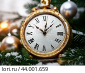The clock is counting down the last moment of the outgoing old year. There is little time left until the New Year. Is everything ready to celebrate the New Year? Стоковое AI-изображение, AI-художник Сергей Елизарьев / Фотобанк Лори