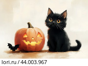 Тыква, черный кот и летучая мышь. Открытка к празднику Хэллоуин. Стоковое AI-изображение, AI-художник Щеголева Ольга / Фотобанк Лори