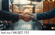 Business partners finalize a deal with a handshake at a logistics warehouse during late afternoon. Стоковое AI-изображение, AI-художник Сергей Толмачёв / Фотобанк Лори