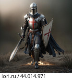 A knight with a drawn sword on the battlefield. Стоковое AI-изображение, AI-художник RamA / Фотобанк Лори