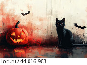 Тыква, черная кошка и летучие мыши. Открытка к празднику Хэллоуин. Space for text. Стоковое AI-изображение, AI-художник Щеголева Ольга / Фотобанк Лори