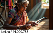 Traditional Indian weaver crafting on handloom in village settingries. Стоковое AI-изображение, AI-художник Анна Маркина / Фотобанк Лори
