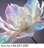 Close-up of a delicate white flower with iridescent petals on a gradient background. Стоковое AI-изображение, AI-художник Алексей Сабадырь / Фотобанк Лори