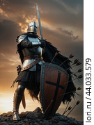 A crusader knight in armor, with a sword in his hand on the background of the battlefield. Стоковое AI-изображение, AI-художник RamA / Фотобанк Лори