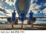 Three young slender flight attendants approach the airliner. Bottom view. Стоковое AI-изображение, AI-художник Ярославский Максим / Фотобанк Лори