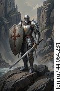 Knight on the background of mountains. Стоковое AI-изображение, AI-художник RamA / Фотобанк Лори