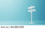 A minimalist directional sign post with blank arrows against a pale blue background. Стоковое AI-изображение, AI-художник Сергей Толмачёв / Фотобанк Лори