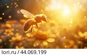 A bee pollinates a flower during golden hour in a sunlit field filled with blooming wildflowers. Стоковое AI-изображение, AI-художник Сергей Толмачёв / Фотобанк Лори