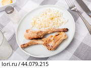 Lunch is served on plate - baked pieces of young rabbit with side dish boiled rice. Стоковое фото, фотограф Яков Филимонов / Фотобанк Лори