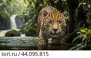 Jaguar in the wild with waterfall in the background. Стоковое AI-изображение, AI-художник Виктория Кольцова / Фотобанк Лори