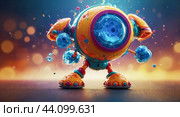 A colorful, playful robot with a large central eye and small appendages, set against a vibrant background. Стоковое AI-изображение, AI-художник Tatiana Syrtseva / Фотобанк Лори