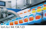 Automatic conveyor belt transporting colorful products in food processing plant. Стоковое AI-видео, аниматор Данил Руденко / Фотобанк Лори