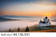 Christian temple against the background of dawn. Стоковое AI-изображение, AI-художник Виктория Кольцова / Фотобанк Лори