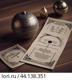 "Старинные предметы для гадания: карты и магические символы". "Antiquities for divination: cards, runes and magical symbols" Стоковое AI-изображение, AI-художник Владислав Матвейчук / Фотобанк Лори