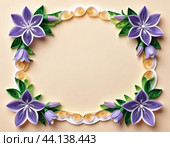 Decorative floral frame made from intricate paper quilling, showcasing beautiful lavender and green designs. AI art. Artistry of quilling, combining craftsmanship with creativity, home decor. Стоковое AI-изображение, AI-художник Юлия Петровская / Фотобанк Лори