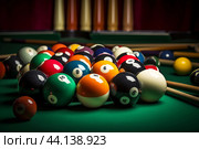 Multihued Many colorful billiard balls and cue. Generate Ai. Стоковое AI-изображение, AI-художник Иван Рябоконь / Фотобанк Лори