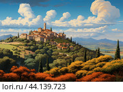 Rustic Retro italian landscape view. Generate Ai. Стоковое AI-изображение, AI-художник Иван Рябоконь / Фотобанк Лори