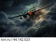 Dramatic ocean storm with airplane in turbulence. Стоковое AI-изображение, AI-художник Иван Рябоконь / Фотобанк Лори