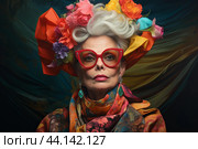 Elegant senior woman with colorful headdress and glasses. Стоковое AI-изображение, AI-художник Иван Рябоконь / Фотобанк Лори