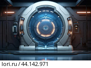 High-tech spaceship doorway with illuminated panels in a sleek corridor. Стоковое AI-изображение, AI-художник Иван Рябоконь / Фотобанк Лори