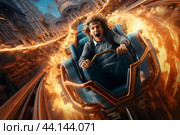 Thrilling roller coaster ride in action. Стоковое AI-изображение, AI-художник Иван Рябоконь / Фотобанк Лори