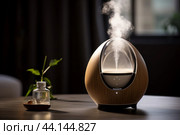 Modern humidifier emitting steam on wooden table. Стоковое AI-изображение, AI-художник Иван Рябоконь / Фотобанк Лори