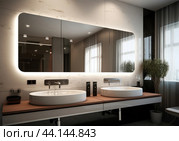 Modern bathroom interior with dual sinks. Стоковое AI-изображение, AI-художник Иван Рябоконь / Фотобанк Лори