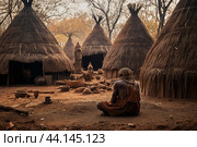 Person in traditional dress sits contemplatively in a tranquil village setting. Стоковое AI-изображение, AI-художник Иван Рябоконь / Фотобанк Лори