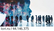 An illustration of a double-exposure banner depicting the silhouette of a girl and the silhouettes of a group of smaller people on a white background. Turn left. Стоковое AI-изображение, AI-художник Ярославский Максим / Фотобанк Лори
