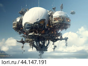 Futuristic skyborne cityscape concept art. Стоковое AI-изображение, AI-художник Иван Рябоконь / Фотобанк Лори