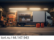 Spacious Trailer truck warehouse. Generate Ai. Стоковое AI-изображение, AI-художник Иван Рябоконь / Фотобанк Лори
