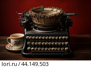 Vintage typewriter with wreath on dark background. Стоковое AI-изображение, AI-художник Иван Рябоконь / Фотобанк Лори