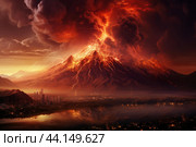 Cataclysmic volcano eruption over cityscape at sunset. Стоковое AI-изображение, AI-художник Иван Рябоконь / Фотобанк Лори