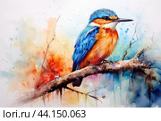 Vibrant watercolor kingfisher on branch. Стоковое AI-изображение, AI-художник Иван Рябоконь / Фотобанк Лори