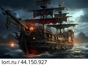 Majestic pirate ship sailing at night. Стоковое AI-изображение, AI-художник Иван Рябоконь / Фотобанк Лори