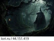 Enigmatic wizard in misty forest. Стоковое AI-изображение, AI-художник Иван Рябоконь / Фотобанк Лори