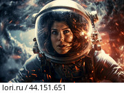 Female astronaut amidst cosmic dust. Стоковое AI-изображение, AI-художник Иван Рябоконь / Фотобанк Лори