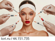 Biorevitalization. Beautiful woman getting beauty injections with hyaluronic acid for smoothing of face mimic wrinkles. Anti-aging procedure. Стоковое фото, фотограф Ирина Ручушкина / Фотобанк Лори