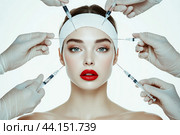 Biorevitalization. Beautiful woman getting beauty injections with hyaluronic acid for smoothing of face mimic wrinkles. Anti-aging procedure. Стоковое фото, фотограф Ирина Ручушкина / Фотобанк Лори