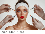 Biorevitalization. Beautiful woman getting beauty injections with hyaluronic acid for smoothing of face mimic wrinkles. Anti-aging procedure. Стоковое фото, фотограф Ирина Ручушкина / Фотобанк Лори