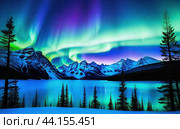 The natural landscape with the aurora borealis is beautiful. Стоковое AI-изображение, AI-художник Виктория Кольцова / Фотобанк Лори