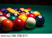 Round Many colorful billiard balls and cue. Generate Ai. Стоковое AI-изображение, AI-художник Иван Рябоконь / Фотобанк Лори