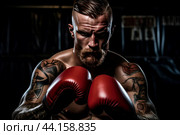 Focused boxer preparing for fight. Стоковое AI-изображение, AI-художник Иван Рябоконь / Фотобанк Лори