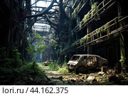 Abandoned industrial complex overrun by nature. Стоковое AI-изображение, AI-художник Иван Рябоконь / Фотобанк Лори